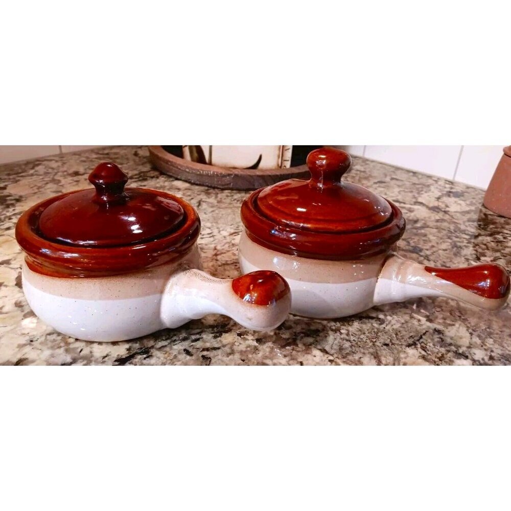 Set of 2 Vintage French Onion Soup Handled Bowls with Lids Brown / Tan Good Cond